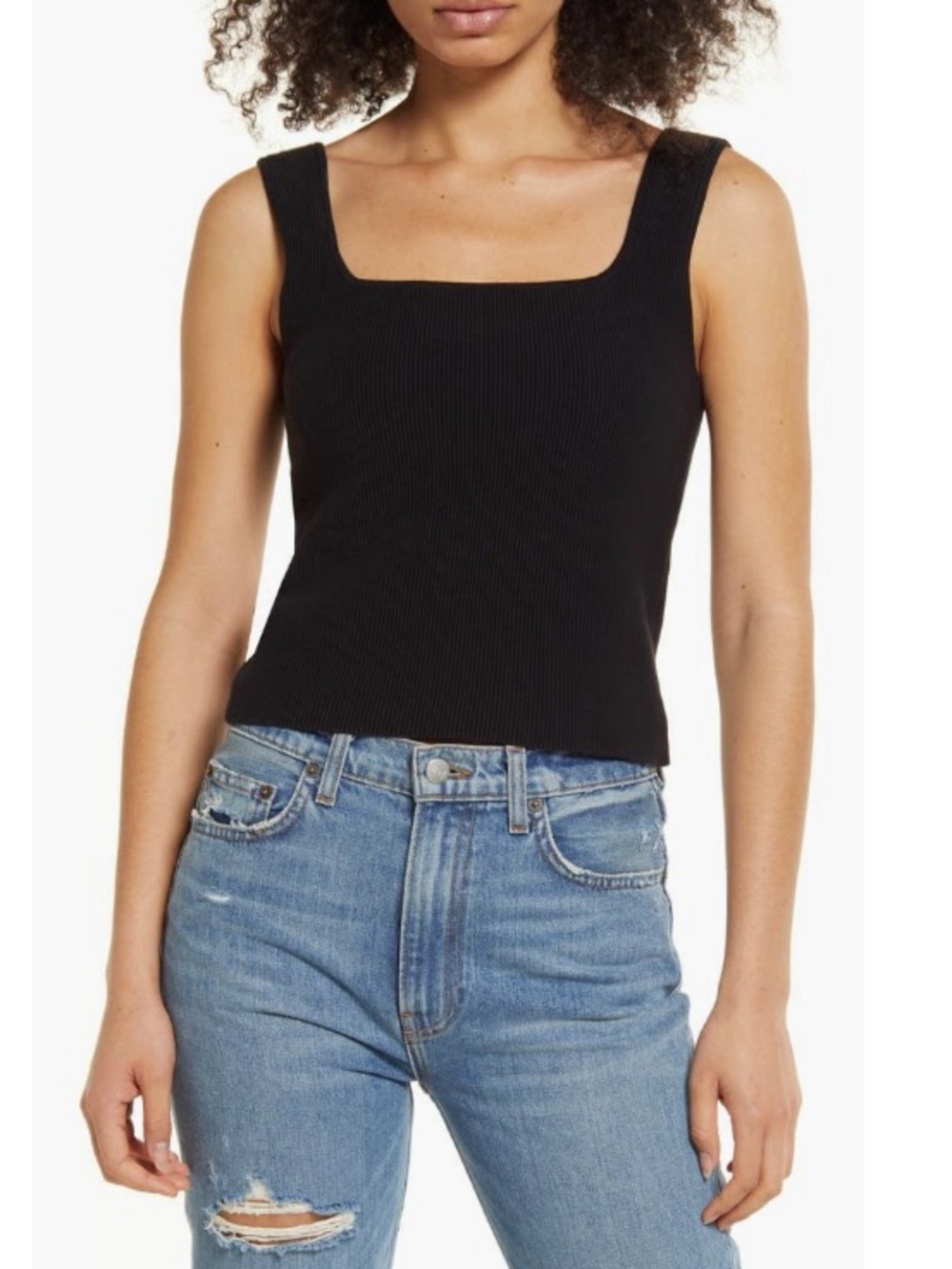 Reformation Black Square-Neck Ribbed Tank Top